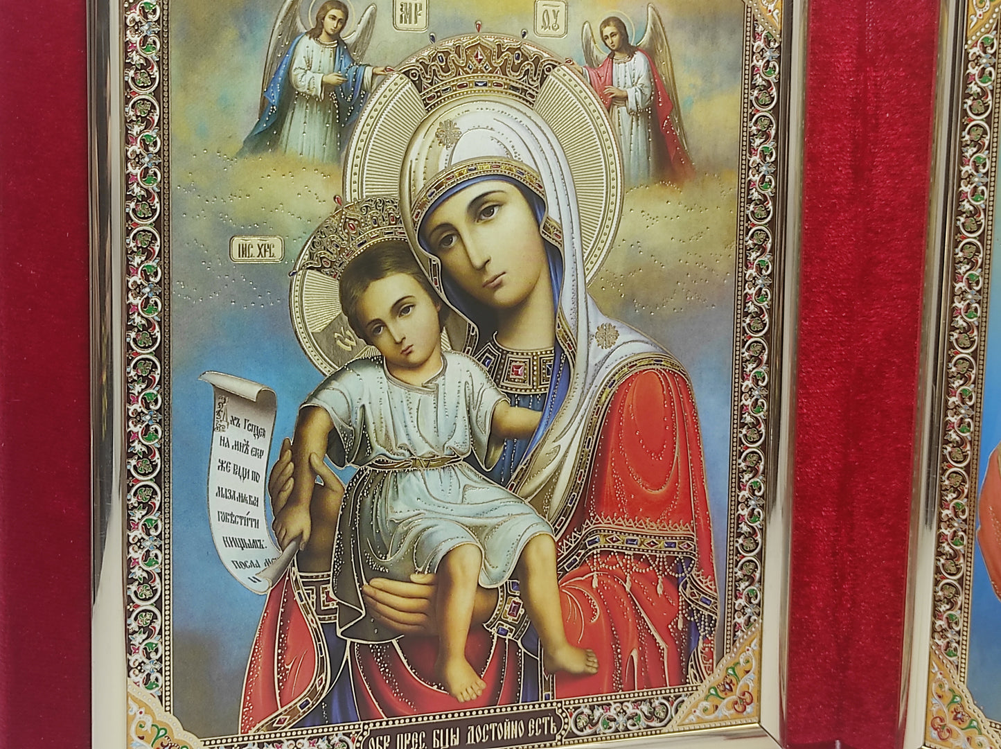 Δίπτυχη Εικόνα σε Βελούδο με την Παναγία Άξιον Εστί